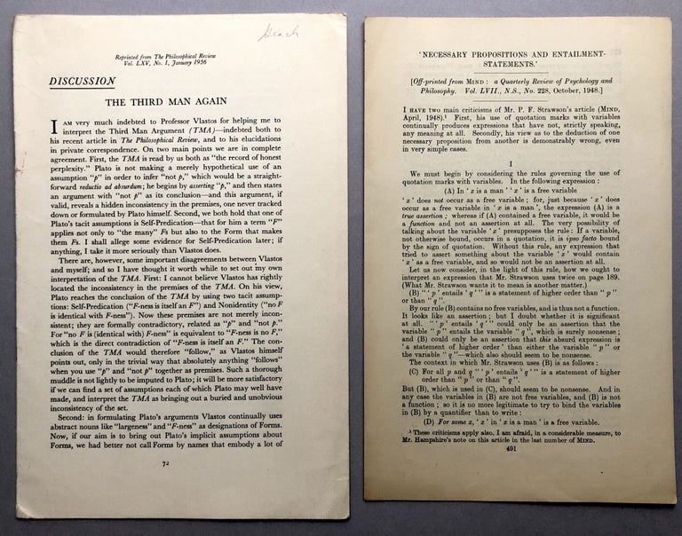 Item #H17778 The Third Man Again, offprint from the Philosophical Review, Jan. 1956 & Necessary Propositions and Entrailment - Statements (offprint from Mind no. 228, Oct. 1948) - from the collection of Wilfrid Sellars. P. T. Geach.