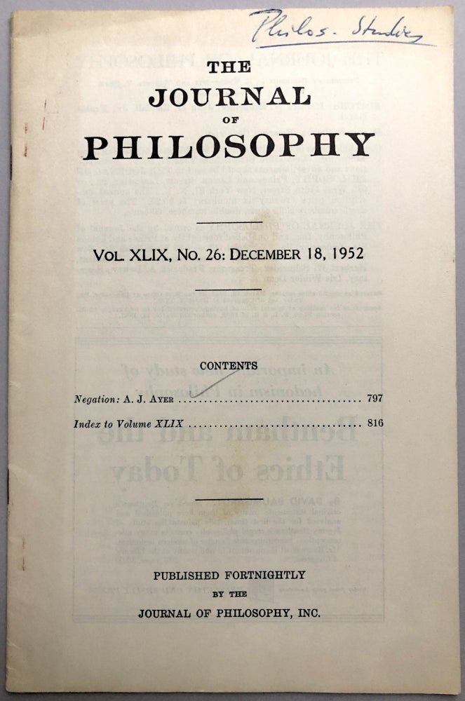 Item #H17780 "Negation" - offprint from The Journal of Philosophy, Dec. 18, 1952, from the collection of Wilfrid Sellars. A. J. Ayer.