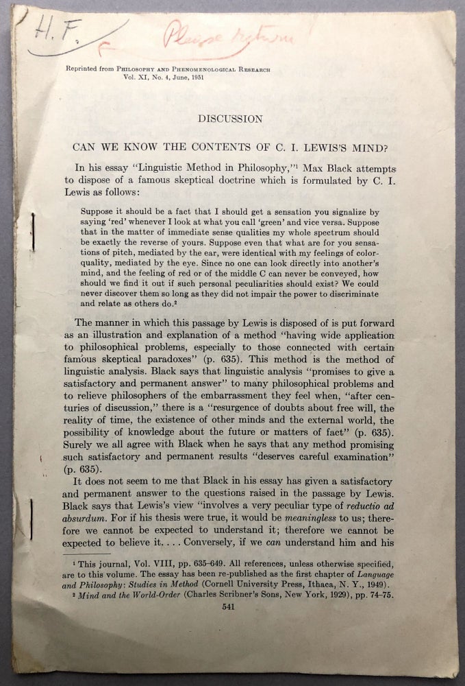 Item #H17782 Can We Know the Contents of C. I. Lewis's Mind? Offprint from PHilosophy and Phenomenological Research, 1951 - from the collection of Herbert Feigl. Vincent Tomas.
