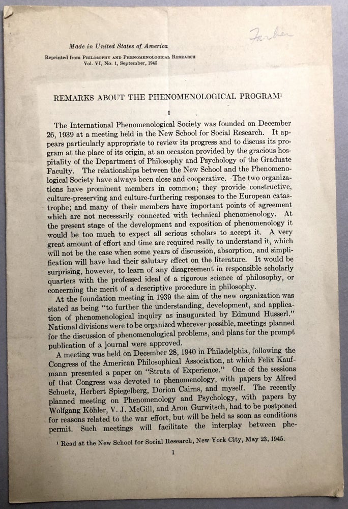 Item #H17790 1945 offprint: Remarks about the Phenomenological Program - Wilfird Sellars' copy. Marvin Farber.