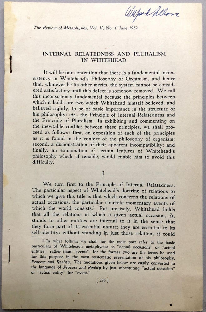Item #H17791 Internal Relatedness and Pluralism in Whitehead, 1952 offprint, copy of Wilfrid Sellars. William P. Alston.