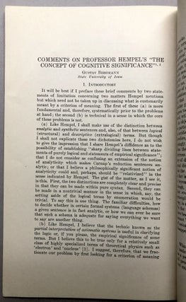 1951 offprint of philosophy articles: The Verifiability Theory of Meaning, The Concept of Cognitive Significance, Comments on Paper by Hempel, Natural and Scientific Language