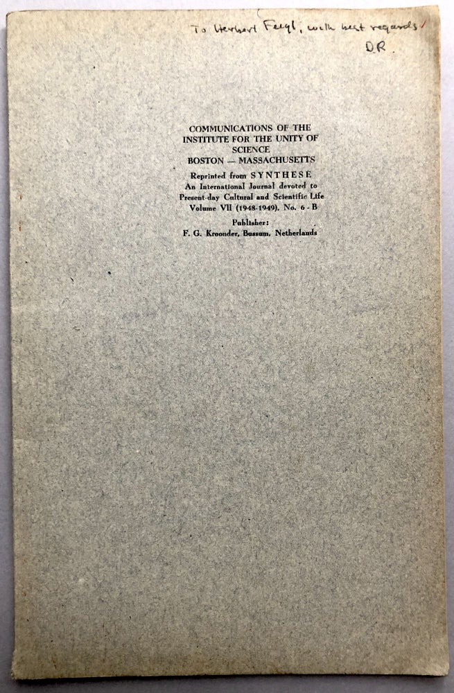 Item #H17796 Communications of the Institute for the Unity of Science, offprint from Synthese 1948-1949: Positivism and Realism (Shlick), Remarks on Positivism and Realism (Rynin). Moritz Schlick, D. Rynin.
