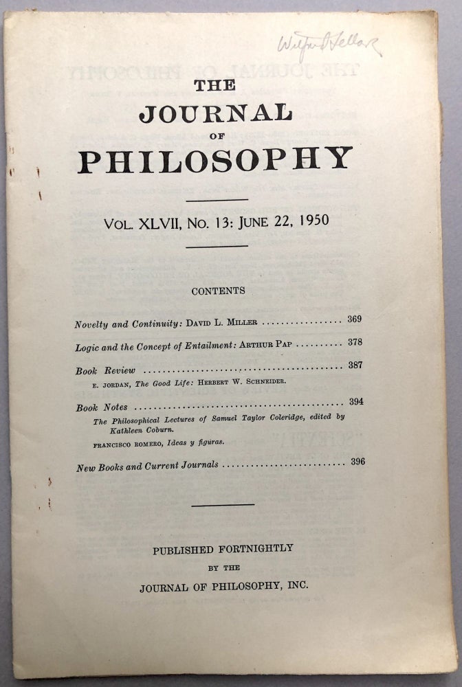 Item #H17798 Logic and the Concept of Entailment, annotated in pencil by Wilfrid Sellars, in The Journal of Philosophy, June 22, 1950. Arthur Pap.