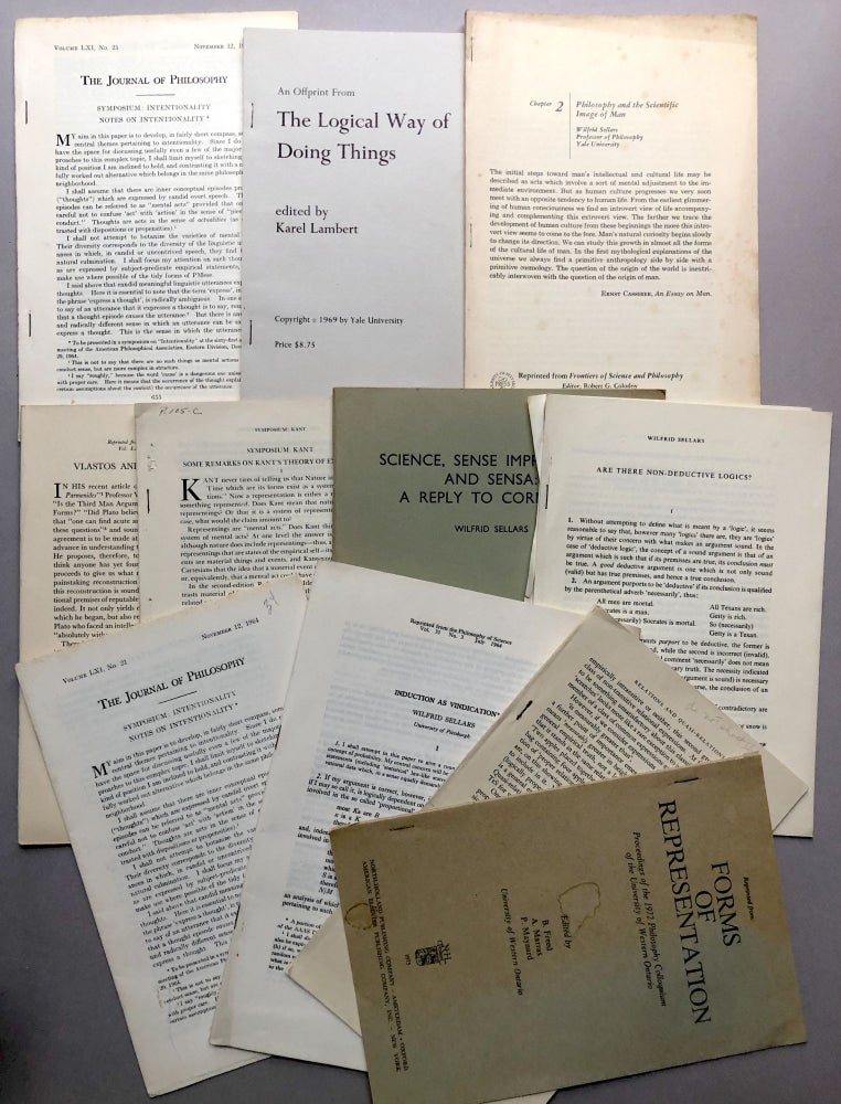Item #H17806 Group of 10 offprints of articles on philosophy: Induction as Vindation (1964), Notes on Intentionality (1964), The Paradox of Analysis (nd), Vlastos and "The Third Man" (1955), Some Remarks on Kant's Theory of Experience (1967), Science, Sense Impressions, and Sensa: A Reply to Cornman (1971), Are There Non-Deductive Logics? (nd), On the Introduction of Abstract Entities (1975), The Adverbial theory of the Objects of Sensation (1975), Philosophy and the Scientific Image of Man (1962), Metaphysics and the Concept of a Person (1969), Notes on Intentionality (1964). Wilfrid Sellars.