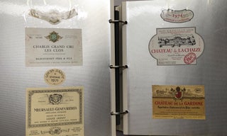 Large album of original wine labels, 1966-1978 plus additions from the 1990s-2000s: Margaux, Chateau d'Yguem, Clos du Val, Berringer, Mondavi, etc.