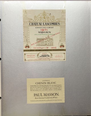 Large album of original wine labels, 1966-1978 plus additions from the 1990s-2000s: Margaux, Chateau d'Yguem, Clos du Val, Berringer, Mondavi, etc.
