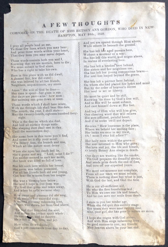 Item #H19186 A Few Thoughts on the Death of Miss Betsey Ann Gordon, who Died in New Hampton, May 24th., 1848 -- unrecorded American song sheet. American Song Sheet.