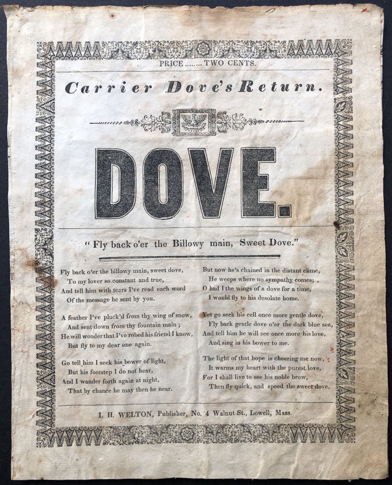 Item #H19197 Carrier Dove's Return. DOVE. "Fly back o'er the Billowy main, Sweet Dove..." American song sheet.