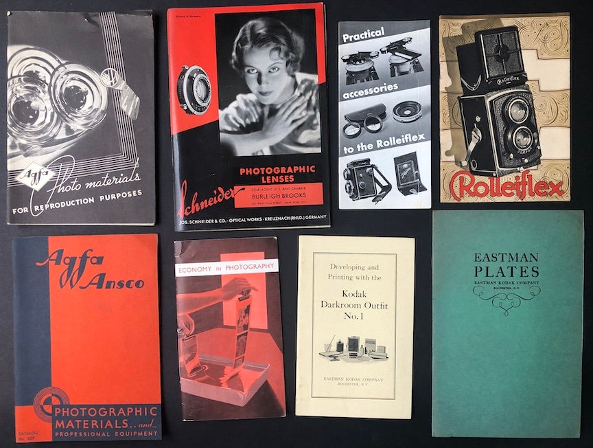 Group of 37 German and American photography brochures, pamphlets, catalogs,  instruction manuals, etc. for camera, lenses, film and darkroom products,  1910s-1930s, plus large handful of leaflets, flyers, brochures and