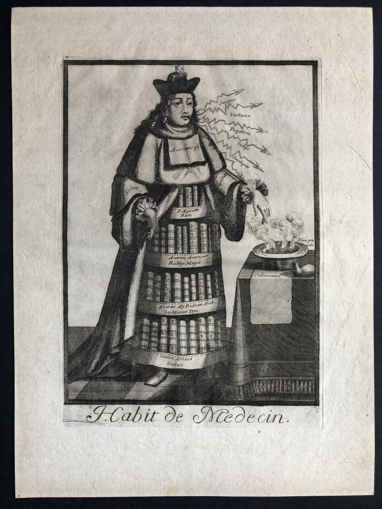 Item #H19412 Habit de Medecin (ca. 1695 original copperplate engraving from Les Costumes Grotesques). I, II.