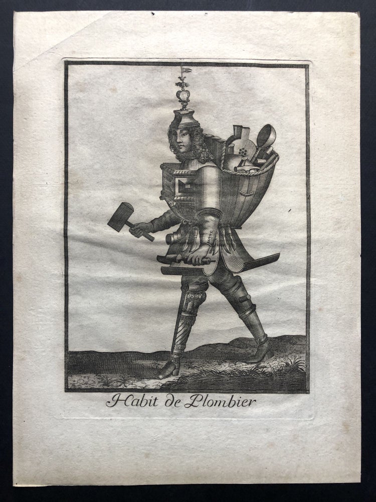 Item #H19419 Habit de Plombier [a maker of combs] (ca. 1695 original copperplate engraving from Les Costumes Grotesques). I, II.