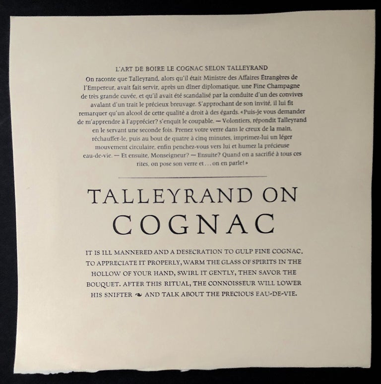 Item #H20090 Talleyrand on Cognac; limited hand-printed broadside in French and English. Charles Maurice de Talleyrand-Périgord.