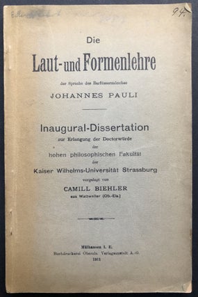 Item #H20137 Die Laut- und Formenlehre der Sprache des Barfüssermönches Johannes Pauli. Camill...