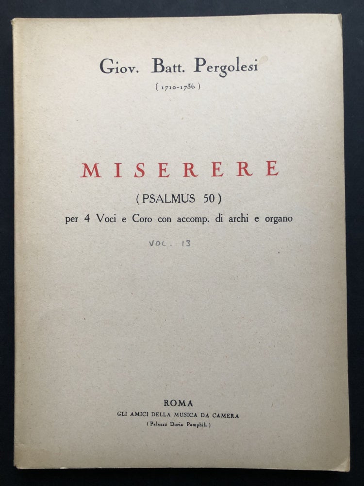 Item #H21338 Miserere (Psalmus 50) per 4 Voci e Coro con accomp. di archi e organo. Giovanni Battista Pergolesi.