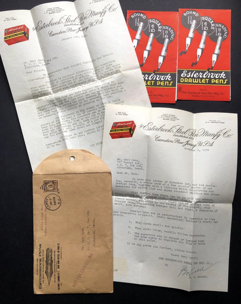 Item #H21712 1932 flyers for Esterbrook Drawlet Pens plus letter from the company, in envelope. Esterbrook Steel Pen Manufacturing Co.