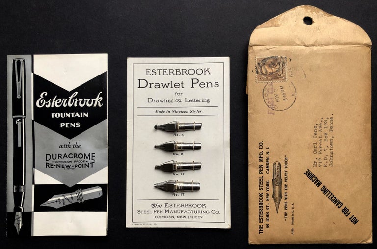 Item #H21714 1932 brochure for Esterbrook Fountain Pens and printed card with four real samples of Esterbrook steel nibs. Esterbrook Steel Pen Manufacturing Co.