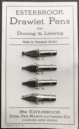 1932 brochure for Esterbrook Fountain Pens and printed card with four real samples of Esterbrook steel nibs