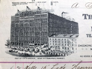 12 1890s illustrated invoices with engraving of building and map of downtown from Jenkins (Teas, Roast Coffees, Tobaccos, Groceries)
