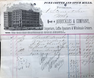 12 1890s illustrated invoices with engraving of building and map of downtown from Jenkins (Teas, Roast Coffees, Tobaccos, Groceries)