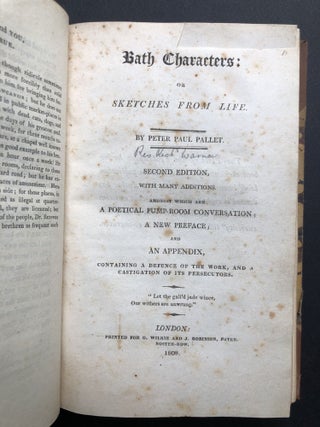 Bound volume with 3 works on Bath: The New Bath Guide or Memoirs of the B--N--R--D Family (1788); Bath Characters: or Sketches from Life (1808); The Wonders of a Week at Bath; in a Doffrel Address (1811)