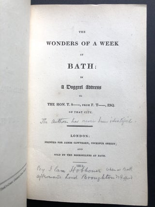 Bound volume with 3 works on Bath: The New Bath Guide or Memoirs of the B--N--R--D Family (1788); Bath Characters: or Sketches from Life (1808); The Wonders of a Week at Bath; in a Doffrel Address (1811)