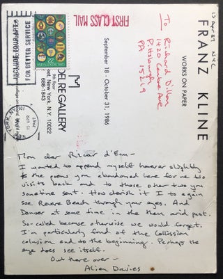 File of 16 letters & postcards, etc., 1973-1992 from Davies to fellow poet Richard Dillon