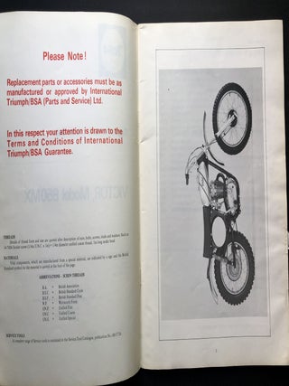 Replacement Parts List for the 1973 Victor motorcycle Model B50-MX; also can be used for the 1974 Triumph motorcycle TR5MX