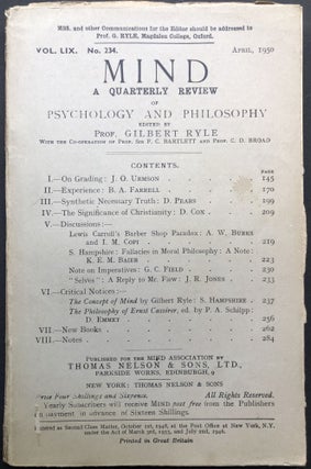 Item #H23142 Mind, a Quarterly Review, Vol. LIX no. 234, April 1950. Gilbert Ryle, I. Copi, K....