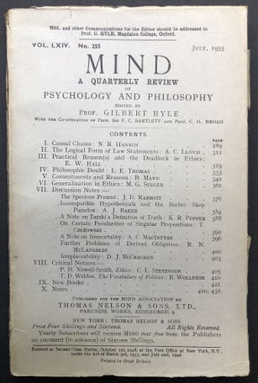 Item #H23143 Mind, a Quarterly Review, Vol. LXIV no. 255, July 1955. Gilbert Ryle, N. R. Hanson,...