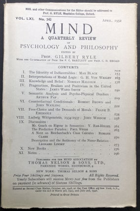 Item #H23144 Mind, a Quarterly Review, Vol. LXI, no. 242, April 1952. Gilbert Ryle, Norman...