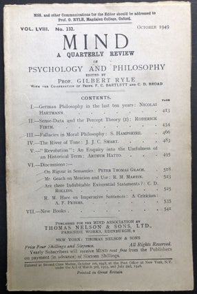Item #H23145 Mind, a Quarterly Review, Vol. LVIII, no. 232, October 1949. Gilbert Ryle, Nicolai...