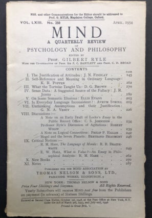 Item #H23147 Mind, a Quarterly Review, Vol. LXIII, no. 250, April 1954. Gilbert Ryle, R. M. Hare,...