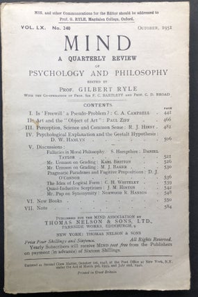 Item #H23148 Mind, a Quarterly Review, Vol. LX, no. 240, October 1951. Gilbert Ryle, N. Hanson,...