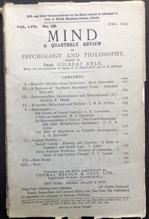 Item #H23151 Mind, a Quarterly Review, Vol. LVIII, no. 230, April 1949. Gilbert Ryle, Arthur N....