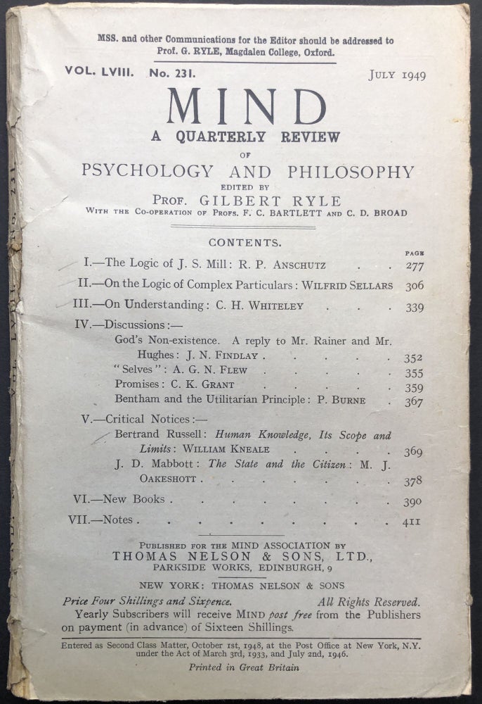 Item #H23152 Mind, a Quarterly Review, Vol. LVIII, no. 231, July 1949. Gilbert Ryle, Wilfrid Sellars, ed. R. P. Anschutz.