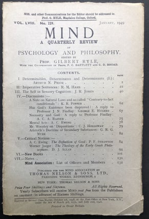 Item #H23153 Mind, a Quarterly Review, Vol. LVIII, no. 229, January 1949. Gilbert Ryle, Karl...
