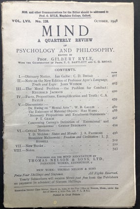 Item #H23154 Mind, a Quarterly Review, Vol. LVII, no. 228, October 1948. Gilbert Ryle, P. T....
