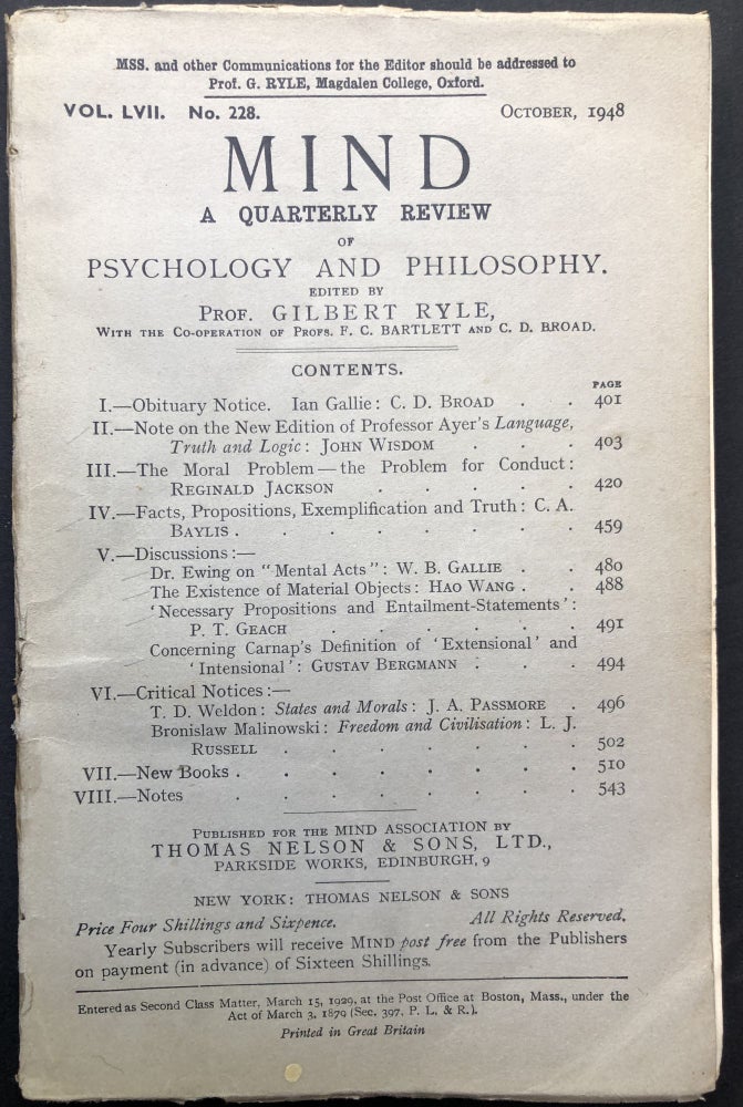 Item #H23154 Mind, a Quarterly Review, Vol. LVII, no. 228, October 1948. Gilbert Ryle, P. T. Geach, Gustav Bergmann, ed. John Wisdom.