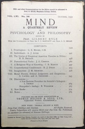 Item #H23155 Mind, a Quarterly Review, Vol. LXI, no. 244, October 1952. Gilbert Ryle, R....