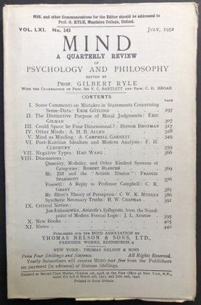 Item #H23156 Mind, a Quarterly Review, Vol. LXI, no. 243, July 1952. Gilbert Ryle, Erik Gotlind,...