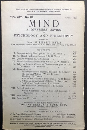 Item #H23158 Mind, a Quarterly Review, Vol. LXV no. 258, April 1956. Gilbert Ryle, P. Alexander,...