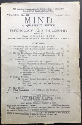 Item #H23159 Mind, a Quarterly Review, Vol. LXII no. 245, January 1953. Gilbert Ryle, S. Toulmin,...