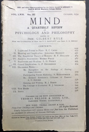 Item #H23162 Mind, a Quarterly Review, Vol. LXIII no. 252, October 1954. Gilbert Ryle, L. O....