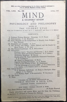Item #H23163 Mind, a Quarterly Review, Vol. LXX no. 278, April 1961. Gilbert Ryle, Walter...