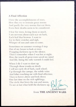 Item #H23289 A Final Affection - signed postcard poem promoting the publication of The Ancient...