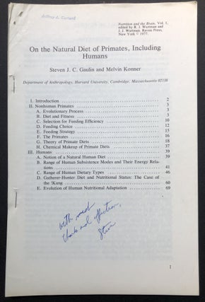 Item #H23921 On the Natural Diet of Primates, Including Humans - inscribed by Gaulin. Steven J....