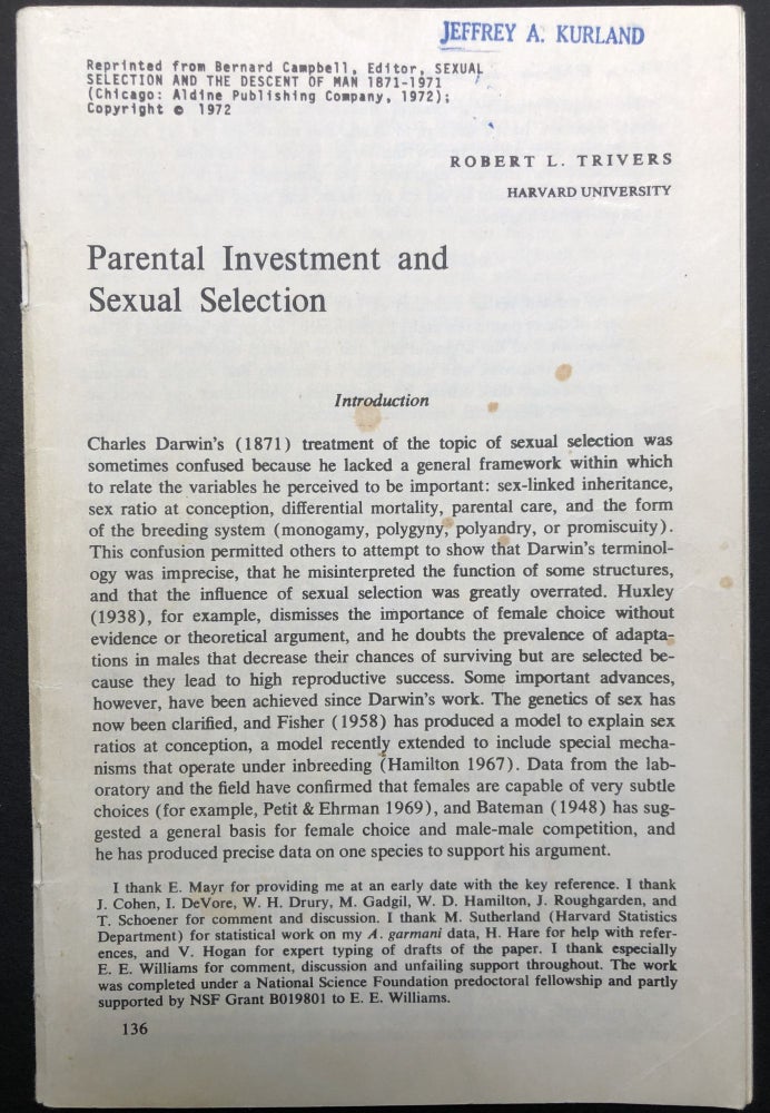 Item #H23924 Parental Investment and Sexual Selection. Robert L. Trivers.