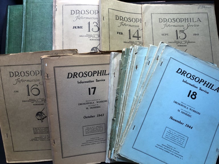 Item #H24050 Drosophila Information Service (DIS) Bulletins No. 6 (April 1936), 7 (March 1937), 8 (Dec. 1937), 10 (Dec. 1938), 11 (Jan. 1939), 12 (Dec. 1939), 13 (June 1940), 14 (Feb. 1941), 15 (Sept. 1941), 16 (June 1942), 17 (Oct. 1943), 18 (Nov. 1944), 19 (Dec. 1945), 20 (Nov. 1946), 21 (Nov. 1947), 22 (Nov. 1948), 23 (Nov. 1949), 24 (Nov. 1950), and 25 (Nov. 1951). Hermann Muller, A. H. Sturtevant, M. Demerec, Theodosius Dobzhansky, Richard Blanc, Calvin Bridges.