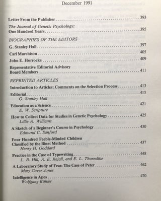 The Journal of Genetic Psychology, Vol. 152 no. 4, December 1991, 100th Anniversary Centennial Issue